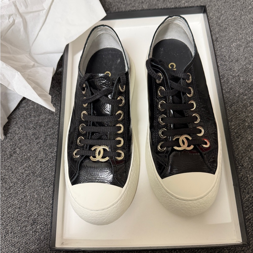 CHANEL Black and White Patent Leather Gold Accents